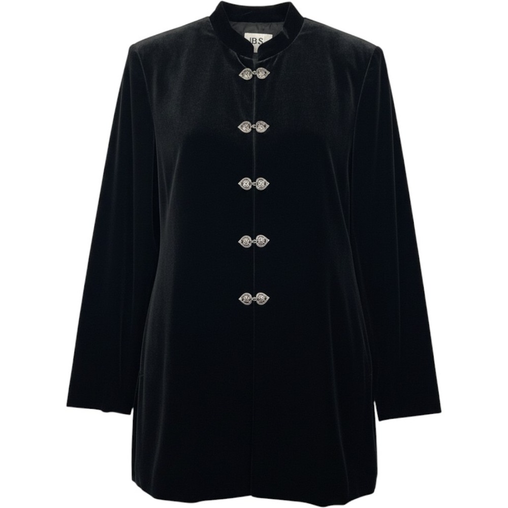 JBS LTD Vintage Velvet Jacket Womens 8 Silver Clasp Mandarin Collar Black